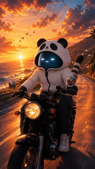 A stylized digital artwork of a figure in a panda hoodie with a glowing digital face riding a motorcycle along a coastal road at sunset.