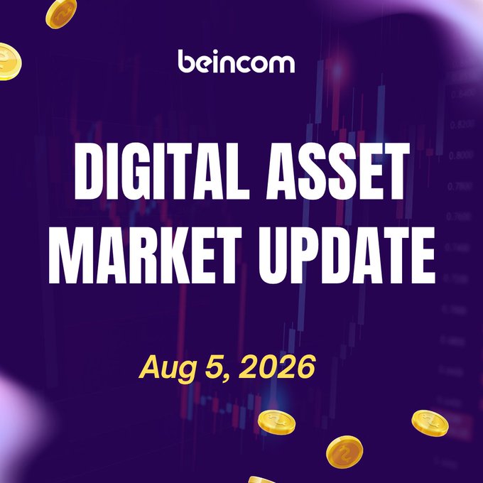A promotional graphic with a purple background for a 'beincorn' 'DIGITAL ASSET MARKET UPDATE' dated 'Aug 5, 2026', featuring falling gold coins and a stock chart.