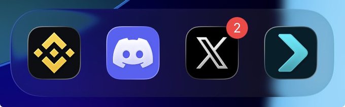 A smartphone dock displaying four app icons: Binance, Discord, X (Twitter) with a '2' notification badge, and a generic forward arrow icon.