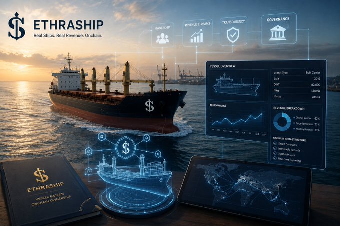 A promotional graphic for 'ETHRASHIP' with the tagline 'Real Ships. Real Revenue. Onchain.' featuring a cargo ship at sunset alongside dashboard interfaces showing vessel overview, performance metrics, ownership, revenue streams, transparency, and governance features, with a physical 'VESSEL BACKED ONCHAIN OWNERSHIP' booklet in the foreground.