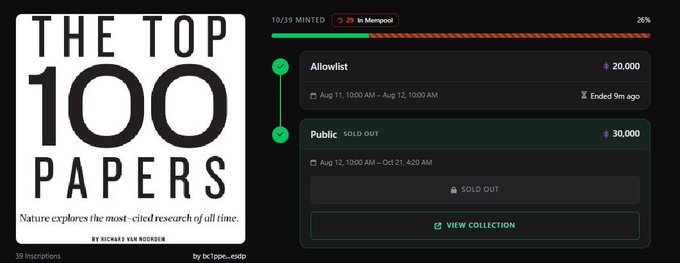A promotional graphic titled 'THE TOP 100 PAPERS' by Richard van Noorden, alongside a website interface showing 'Allowlist' and 'Public SOLD OUT' minting phases with dates in August.