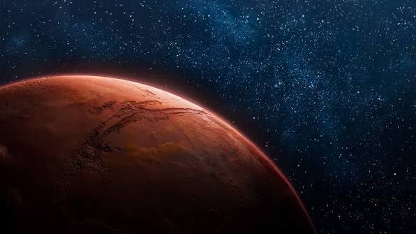 A digital illustration of planet Mars with its visible surface features, set against a backdrop of a starry space sky.