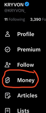The image shows the Twitter/X profile sidebar of "KRYVON (@KRYVON_)" with 11 Following and 3,390 Followers, where the "Money" tab is highlighted with a red circle—indicating the author's interest in or coverage of X's new Money feature, which ties directly to the post's discussion of an $8 Open Edition mint on X Money.