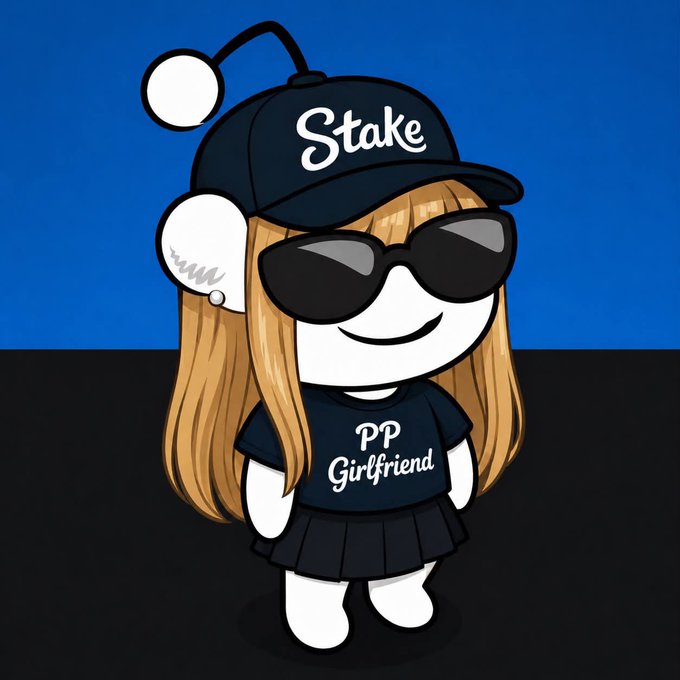 A cartoon character of a girl with long blonde hair, sunglasses, and a 'Stake' cap wears a shirt that reads 'PP Girlfriend' against a blue and black background.