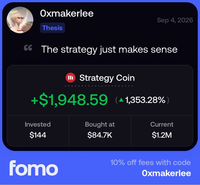 A social media post by user "Oxmakerlee" about a "Strategy Coin" showing a profit of +$1,948.59 (1,353.28%), with a "fomo" logo and referral code at the bottom.