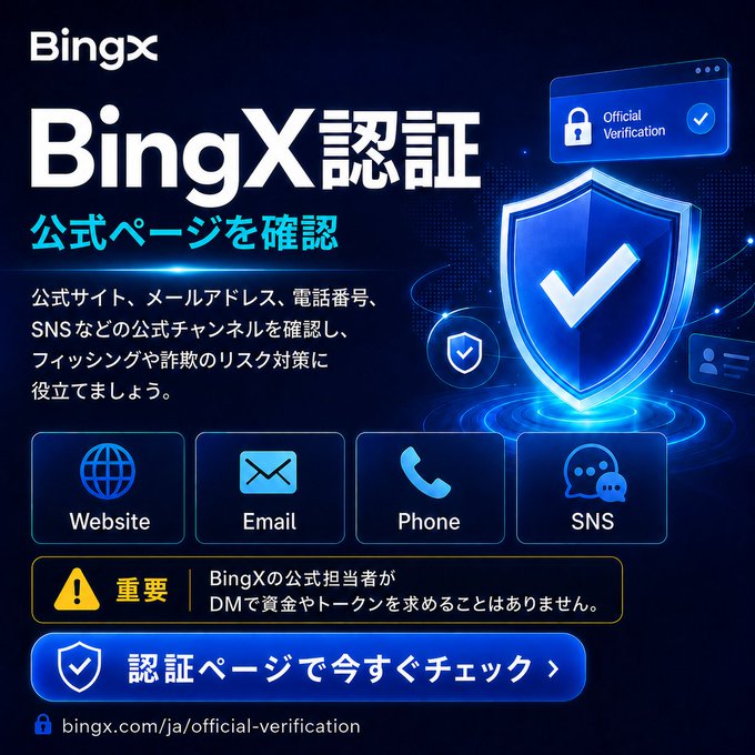 A promotional graphic from BingX with a dark blue background features the headline "BingX認証 公式ページを確認" (BingX Authentication - Confirm Official Page) alongside a large shield with a checkmark symbol, highlighting four verification categories: Website, Email, Phone, and SNS. A warning box emphasizes that BingX official representatives will never request funds or tokens via DM, with a call-to-action linking to bingx.com/ja/official-verification to help users verify legitimate channels and avoid phishing or fraud in the Web3 space.