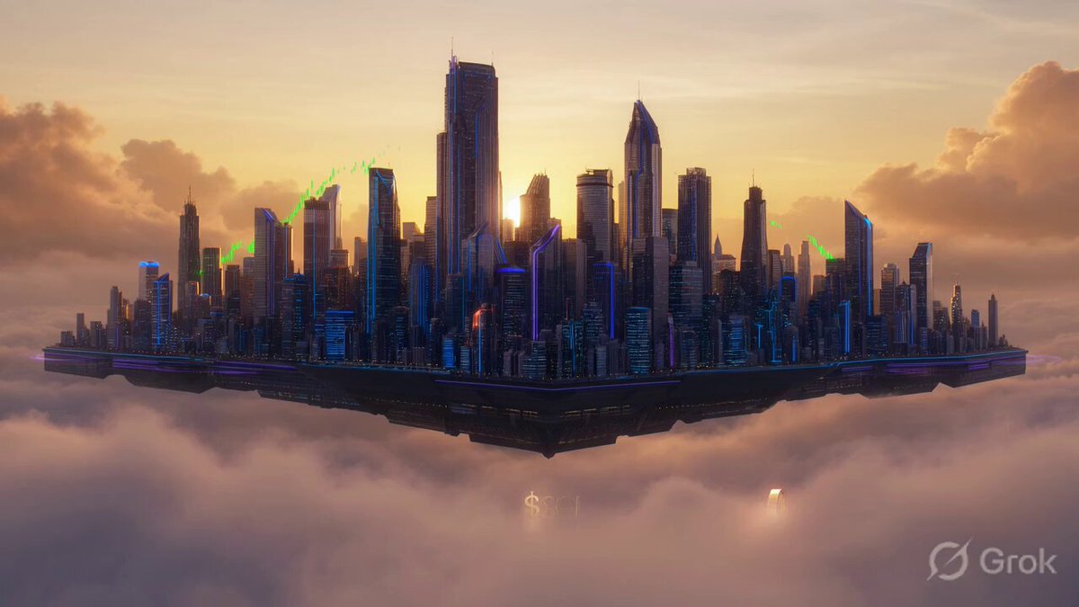 The image shows a cityscape with tall buildings, including skyscrapers, floating above a cloud-filled sky. The sun is setting behind these structures, casting an orange glow over the scene. The photo appears to be taken from a high vantage point, providing a bird's eye view of the city and its surroundings.