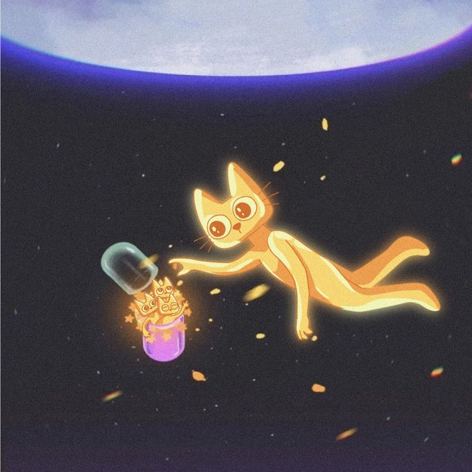 A glowing orange cat floats through dark space near a planet, reaching for a small jar filled with stars and a tiny creature. The whimsical, dreamy illustration evokes a sense of magic and discovery, contrasting with the post's serious discussion about BNB memes lacking authenticity and soul.