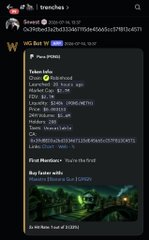 The image shows a Telegram message from a group called "tranches," featuring a meme coin tracker for "WIS $PONS" on the PUMP platform, which is also being called "Ponke the First." The post highlights the coin's massive growth, with a market cap of 512.6K, and credits "5nvest" for being the top buyer, aligning with the accompanying announcement celebrating a 195x gain on the $PONS token within their community.