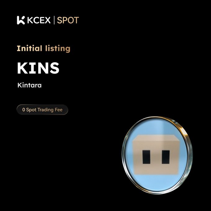 The image features a blue circle with a brown face inside of a glass frame, which appears to be an advertisement for a trading platform called KINS. The text "KINS" is displayed at the top of the image, while the words "Initial listing" and "Kints" are written below it. The background of the image is black, making the blue circle stand out prominently.