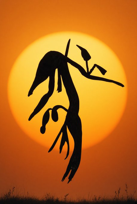 A dark, branch-like silhouette resembling a stylized figure with dripping elements is set against a glowing orange sun, evoking the organic growth of a tree as described in the NFT digital art piece titled "Fertility."