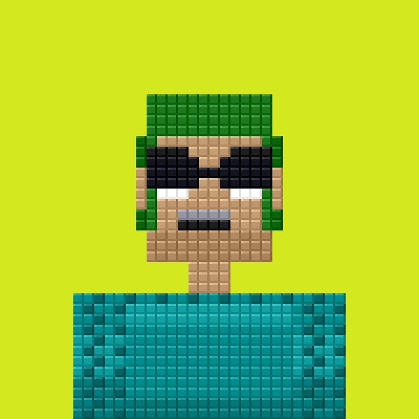 Pixel art portrait of a character with green hair, black sunglasses, and a teal shirt set against a bright yellow-green background.