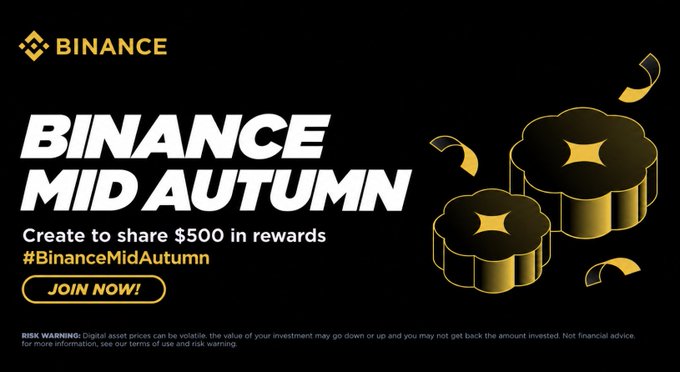 A Binance Mid-Autumn Festival promotional banner offering $500 in rewards for a mooncake design contest, featuring the Binance logo, #BinanceMidAutumn hashtag, "JOIN NOW!" button, and illustrations of two decorative golden mooncakes against a black background, with a risk warning about digital asset volatility at the bottom.