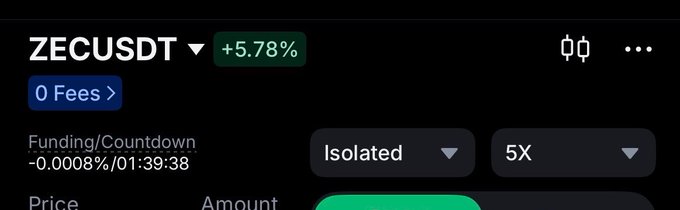 A cryptocurrency trading interface showing ZECUSDT perpetual contract with a +5.78% gain, 0 Fees, -0.0008% funding rate with a countdown of 01:39:38, set to Isolated margin with 5X leverage.