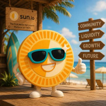 A cartoon sun mascot wearing sunglasses gives a thumbs-up on a beach, beside a wooden "sun.io" sign that reads "The First Meme Pet Launch Platform on TRON," with directional signs pointing toward "Community," "Liquidity," "Growth," and "Future" — visually echoing the post's message that meme energy, when paired with strong infrastructure, can evolve into lasting community, liquidity, and growth.