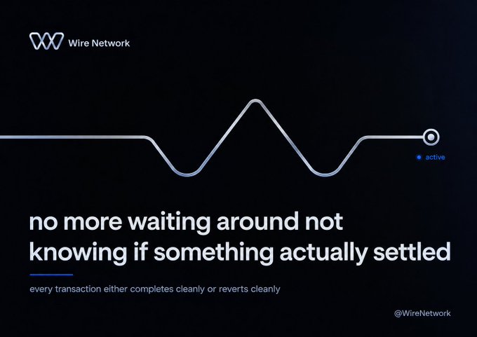 Wire Network promotional graphic with a waveform illustration and text 'no more waiting around not knowing if something actually settled – every transaction either completes cleanly or reverts cleanly' (@WireNetwork).