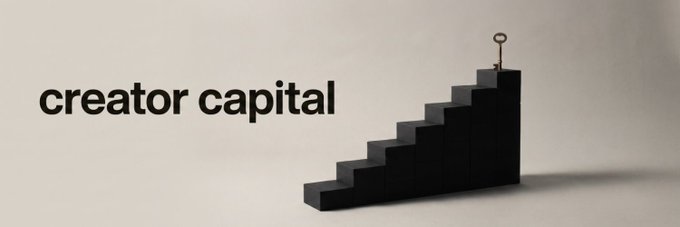 A black staircase ascends toward a small golden key resting on its top step, paired with the bold text "creator capital" on the left side. The imagery reinforces the post's message about "Creator Capital" ($CC) being in an early stage of building, with the staircase symbolizing the climb toward growth and the key hinting at unlocking future value on Solana.