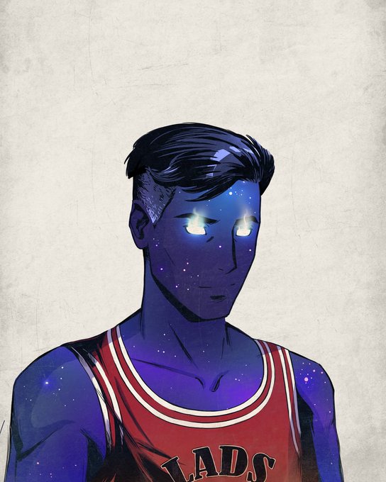 An illustrated portrait of a male basketball player with glowing starry eyes and dark hair, wearing a red jersey with partial text 'LADS' visible, set against a textured beige background.