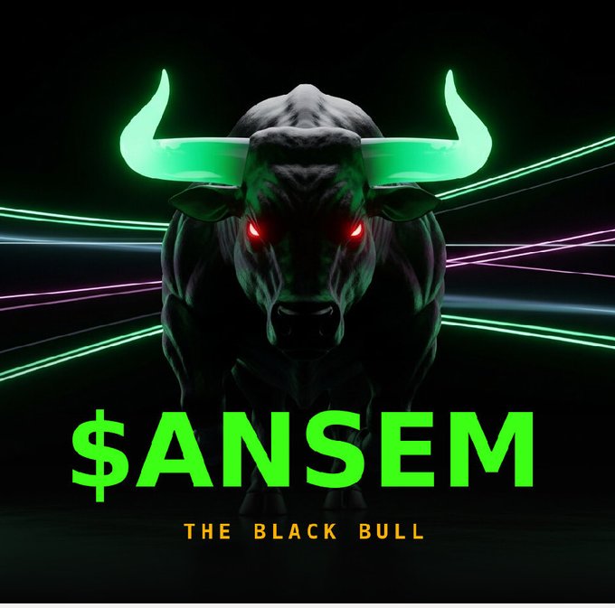 The image features a black bull with red eyes, standing against a dark background. The bull's horns are green, adding an unusual touch to its appearance. Below the bull, there is text that reads "$ANSEM The Black Bull". This phrase seems to be related to the content of the post on social media or a website.