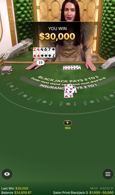 A live dealer blackjack game shows a player winning $30,000 with a hand of 7, 9, and 3 totaling 19, prompting a "YOU WIN" overlay and a celebratory post inviting viewers to share their Solana wallet addresses in the comments.