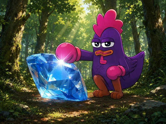 An illustration of a purple cartoon chicken wearing pink boxing gloves, posed as a boxer next to a large blue diamond in a sunlit forest setting.