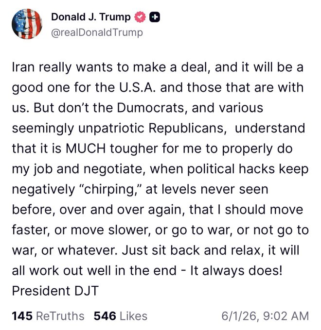 The image presents a Twitter page with a message from a person named Don't Trump, who is expressing their thoughts about President Trump's tweets regarding Iran and the deal. The text shows that Trump wants to make a deal, but he doesn't think it will be effective if his plans are not followed through by other countries. This sentiment seems to extend beyond the Twitter post since they continue to quote themselves, indicating that this message is related to multiple platforms or conversations about the topic of President Trump and the Iran deal.