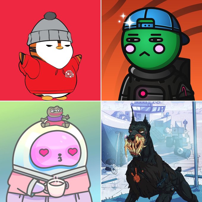 The image is a 2x2 collage of four distinct cartoon/meme NFT characters: a penguin in a red hoodie and gray beanie, a green sad-faced figure with a backwards blue cap, a pink character with heart eyes holding a coffee mug with a Pepe frog on its head, and a dark, sharp-toothed creature in a snowy setting. The collage represents a collection of various NFT profile pictures (PFPs), aligning with the post's statement "NFTs >" as a showcase of popular NFT character styles.