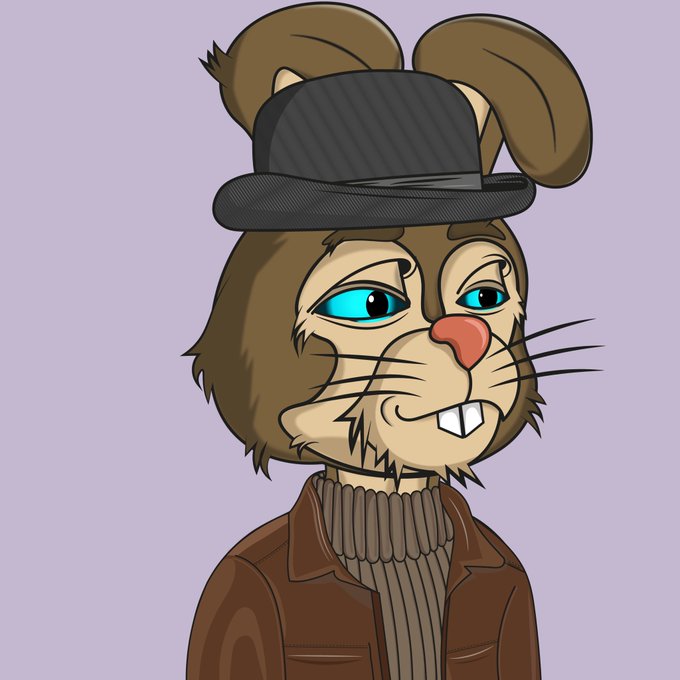 A cartoon illustration of an anthropomorphic brown rabbit wearing a dark hat and a brown sweater, featuring blue eyes and visible buck teeth against a light purple background.