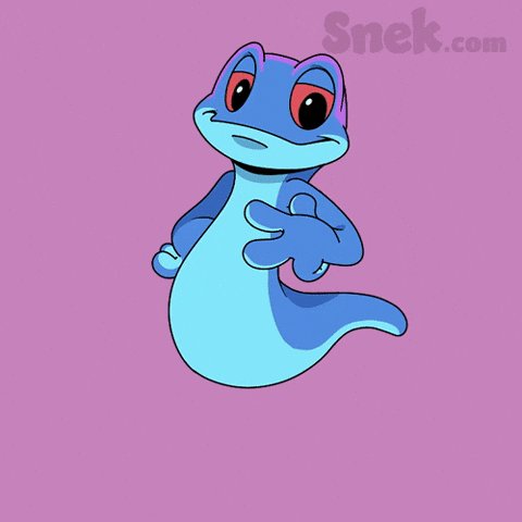 The image features a cartoon character of a blue lizard or frog sitting against a pink background. The character has its arms outstretched and appears to be smiling. The caption below the image reads "GM We still here with a long term mindset, have a wonderful Wednesday! This Snek gif".