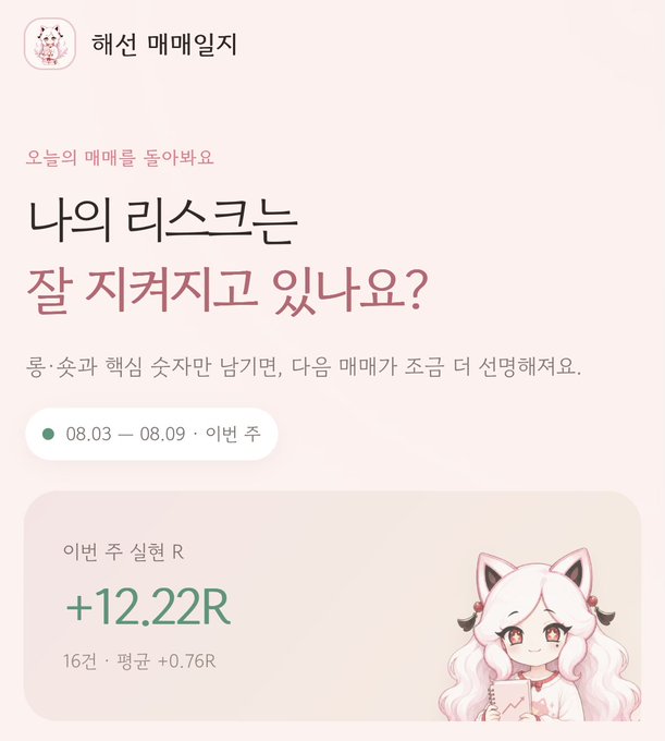 A mobile interface mockup for a trading journal website titled "해선 매매일지" (Haeseon Trading Journal) showing a prompt asking "나의 리스크는 잘 지켜지고 있나요?" (Is my risk being well managed?) for this week (08.03 - 08.09), with a sample trade displaying a +12.22R return and +0.76R average, featuring a cute anime-style white-haired cat character illustration.