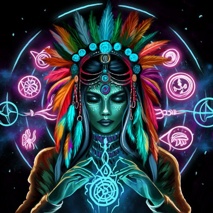 A vibrant neon-colored illustration of a mystical shaman figure with a colorful feathered headdress, green skin, and glowing tribal symbols surrounding them in a cosmic background.