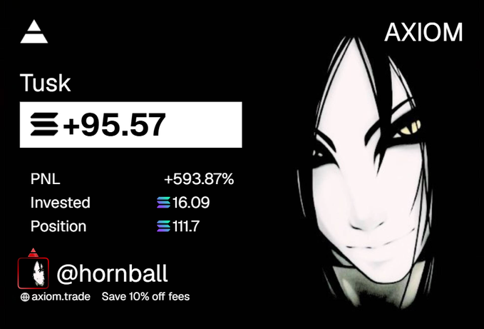 The image is a screenshot from AXIOM showing a trade result on "Tusk" ($TUSK) with a value of +95.57, a PNL of +593.87%, and an invested amount of 16.09, credited to user @hornball (axiom.trade). The anime-style character and profit figures align with the post's claim of successfully executing a high-gain trade once the market matched their trading edge.