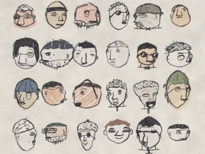 A hand-drawn grid of approximately 24 cartoonish faces with various hairstyles, hats, and exaggerated features.