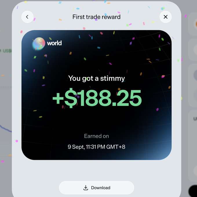 A pop-up window titled 'First trade reward' from the 'world' app shows 'You got a stimmy +$188.25' earned on 9 Sept, 11:31 PM GMT+8.