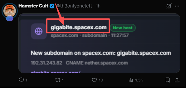 A screenshot of a tweet from @ath3onlyoneleft highlights a new subdomain 'gigabite.spacex.com' on spacex.com, with an arrow pointing to the URL.