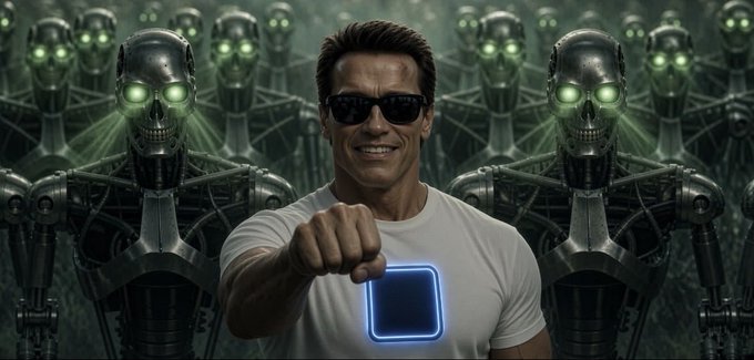 A digital/AI-generated image of a smiling muscular man wearing sunglasses and a white t-shirt with a glowing blue square logo, pointing at the camera, surrounded by an army of skeletal robots with glowing green eyes in the background.