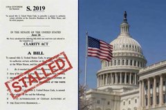 The image displays a bill labeled "S.2019" with a large red "STAMPED" overlay, alongside the U.S. Capitol building with an American flag, suggesting imminent legislative action. This visually reinforces the post's claim that Senator Tim Scott asserts the CLARITY Act will pass within days, presenting the bill as ready for a decisive vote.