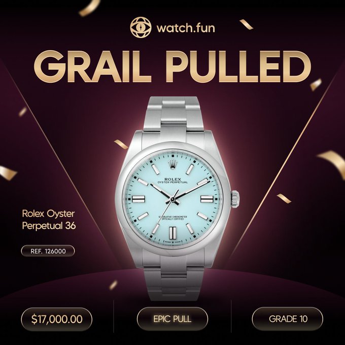 A promotional graphic from watch.fun celebrating a "Grail Pull" of a Rolex Oyster Perpetual 36 (REF. 126000) with a turquoise dial, priced at $17,000 and labeled as an "Epic Pull" Grade 10, shown alongside confetti to mark the milestone of their partners at @Collector_Crypt crossing $1B.