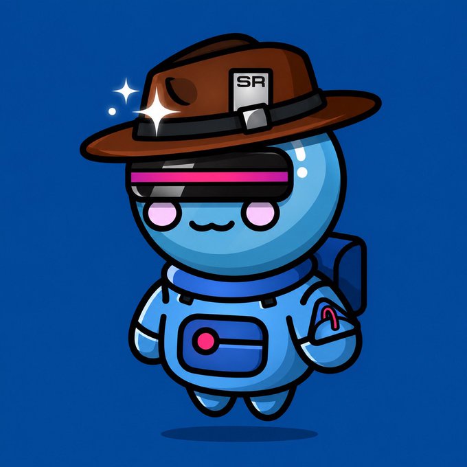 A cute cartoon illustration of a small blue robot-like astronaut character wearing a brown ranger hat with 'SR' on it, set against a blue background.