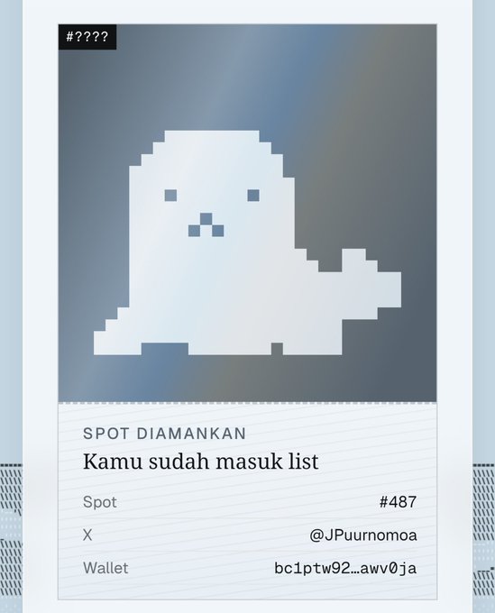 A pixel art seal (#487) displayed as a waitlist spot confirmation card showing "@JPUurnomoa" as the owner with wallet "bc1ptw92...awv0ja," matching the post announcing the waitlist seal #487 from the seals.garden collection.