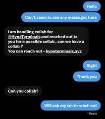 A text message conversation shows someone handling a collab request with HypeTerminals, asking them to have their CM reach out, but ultimately forgetting to ask his own CM to follow up, resulting in a missed trade opportunity.