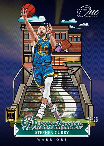 A basketball trading card featuring Stephen Curry of the Warriors in a blue uniform, set against an illustrated cityscape background with the text 'Downtown', 'Stephen Curry', 'Warriors', and 'Panini One and One'.