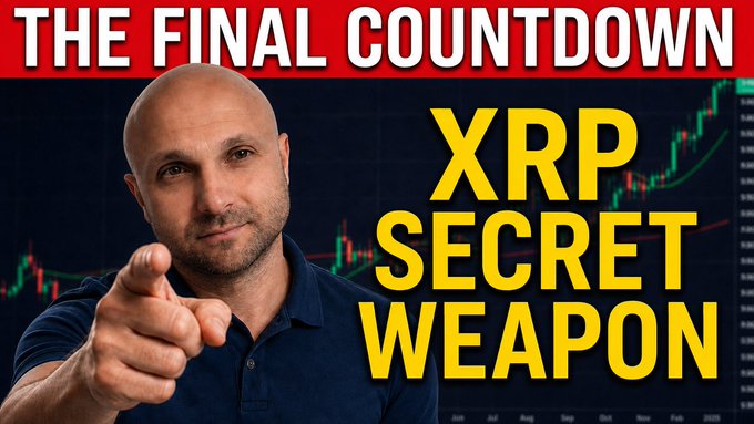The image shows a YouTube thumbnail featuring a man in a navy polo shirt pointing directly at the camera, with bold text reading "THE FINAL COUNTDOWN" and "XRP SECRET WEAPON" alongside a candlestick chart background. The post about Ripple's $965M investment into Clearpool's XRPL-backed lending pool aligns with the thumbnail's promotional, urgent tone for the linked video.