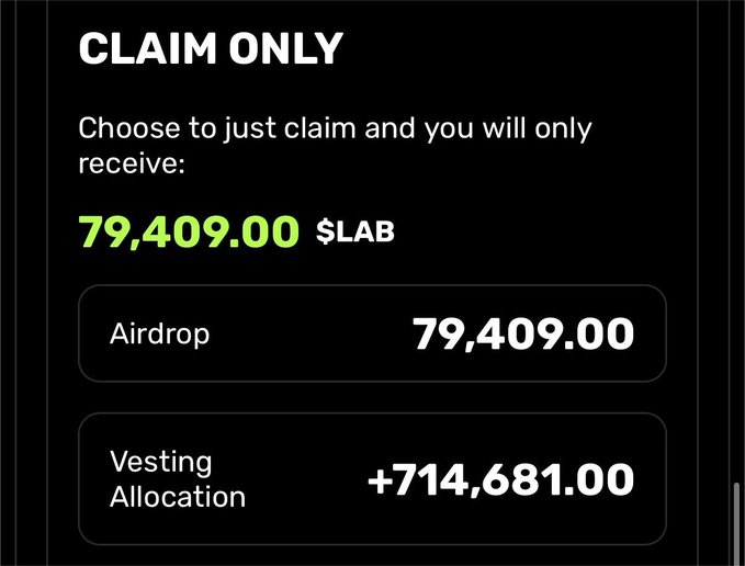 A mobile app screen titled 'CLAIM ONLY' showing an airdrop of 79,409.00 $LAB tokens plus a vesting allocation of +714,681.00.
