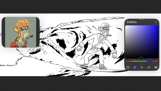 A drawing application interface shows a black-and-white line illustration of a bearded surfer, with a color picker palette open on the right and a small colored reference image on the left.