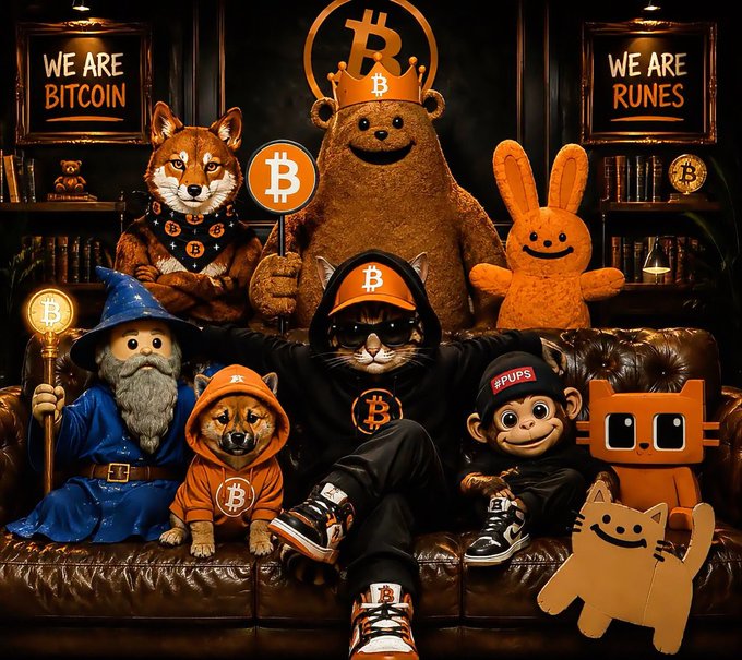 A group photo of anthropomorphic and plush characters, including a dog in a Bitcoin cap, a cat in a Bitcoin cap, a bear plushie, a wizard figure, and a monkey character, gathered in a Bitcoin-themed setting with signs reading 'WE ARE BITCOIN' and 'WE ARE RUNES'.
