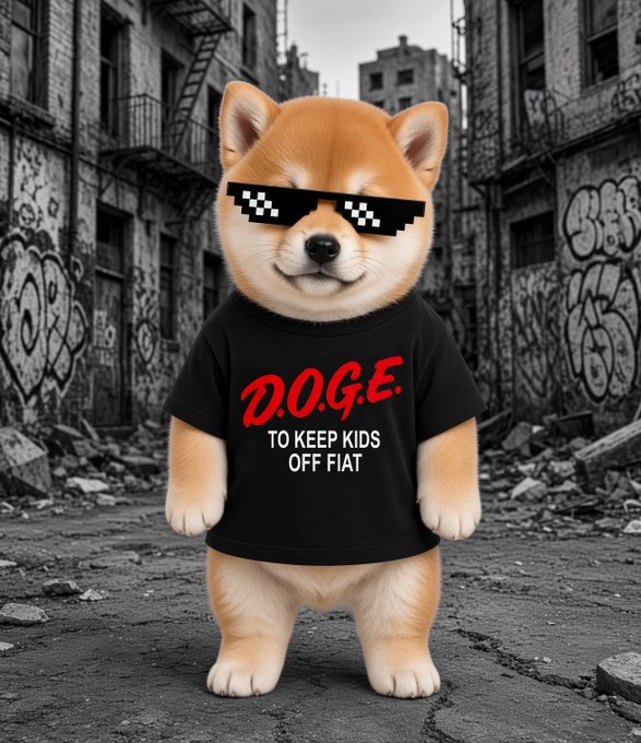 A Shiba Inu dog wearing pixelated sunglasses and a black t-shirt reading 'D.O.G.E. TO KEEP KIDS OFF FIAT' standing in a graffiti-covered alley.