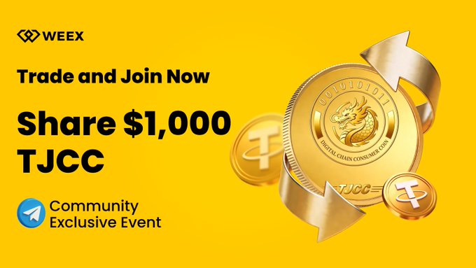 A promotional graphic for WEEX features the WEEX logo, "Trade and Join Now" headline, and "Share $1,000 TJCC" text on a yellow background, alongside gold coins displaying the TJCC (Digital Chain Consumer Coin) dragon emblem and Tether symbols, advertising the community-exclusive event with a 1,000 USDT prize pool for TJCC traders as described in the post.