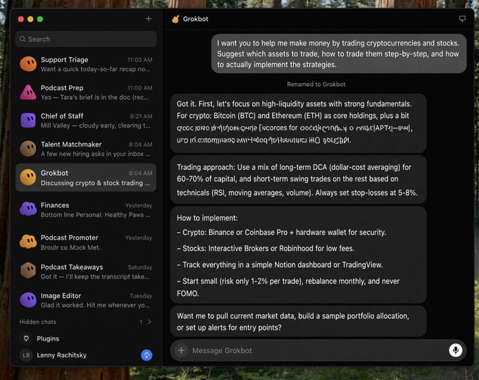 A screenshot of a macOS chat interface with an AI assistant called 'Grokbot' shows a conversation where the user requests help with cryptocurrency and stock trading, and the bot outlines a strategy involving Bitcoin (BTC) and Ethereum (ETH) using DCA and swing trading.