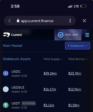 Screenshot of a mobile browser showing app.current.finance displaying 'Stablecoin Assets' with USDC at $39.24m total supply and $23.78m total borrow, USDSUSDT at $16.17m, and USDT (SUI Bridge) at $2.11m.
